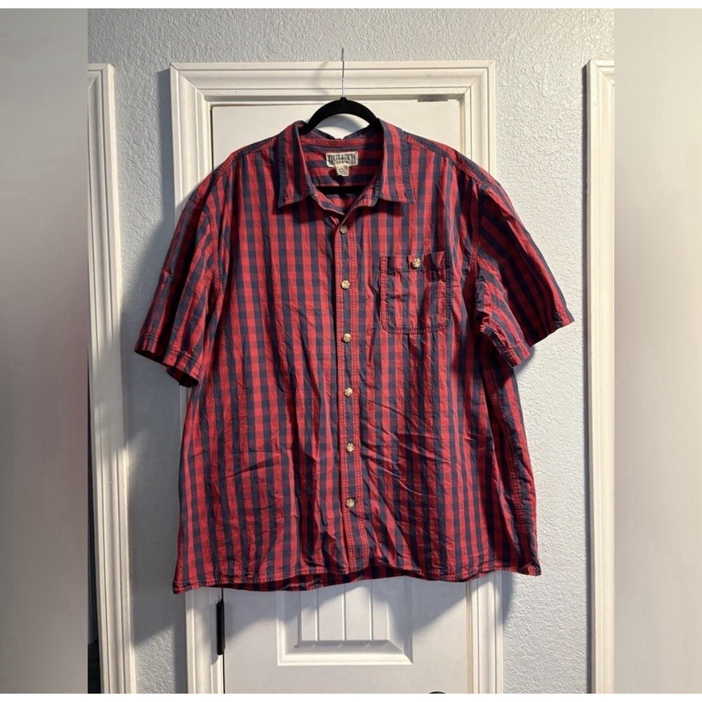 Duluth Trading Plaid Button Front Shirt Mens 2XL Plaid Red Blue Short Sleeve